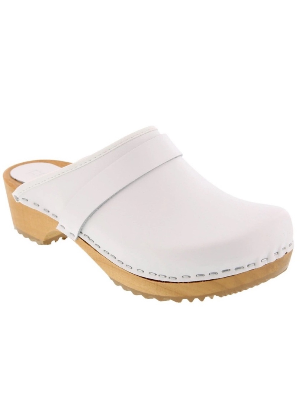 NEW BJORK Maja White Wood Look Sole Open Back LEATHER Clogs (10.5) Career nurse